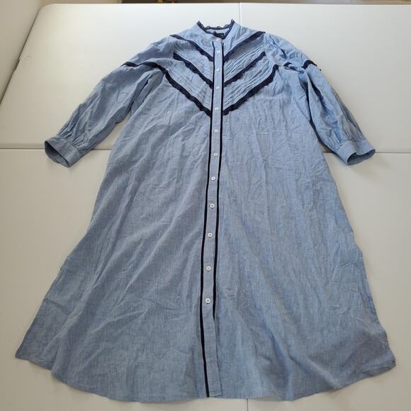 Pomander Place Jolene Dress Womens Large Blue Chambray Lace Trim Button Front - Picture 1 of 7